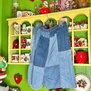 Vintage y2k Blair dark & light blue denim patchwork midi skirt